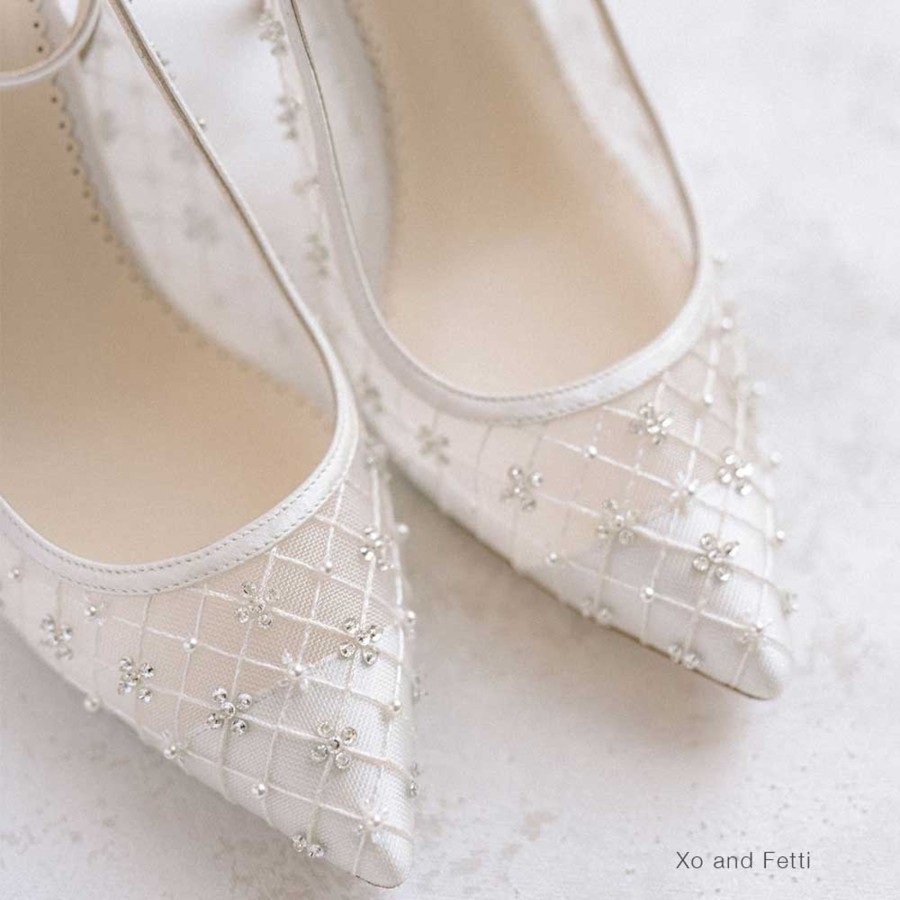 Bridal Bella Belle Shoes | Ankle Strap Argyle Patterned Wedding Shoes With Crystals And Pearls Ivory