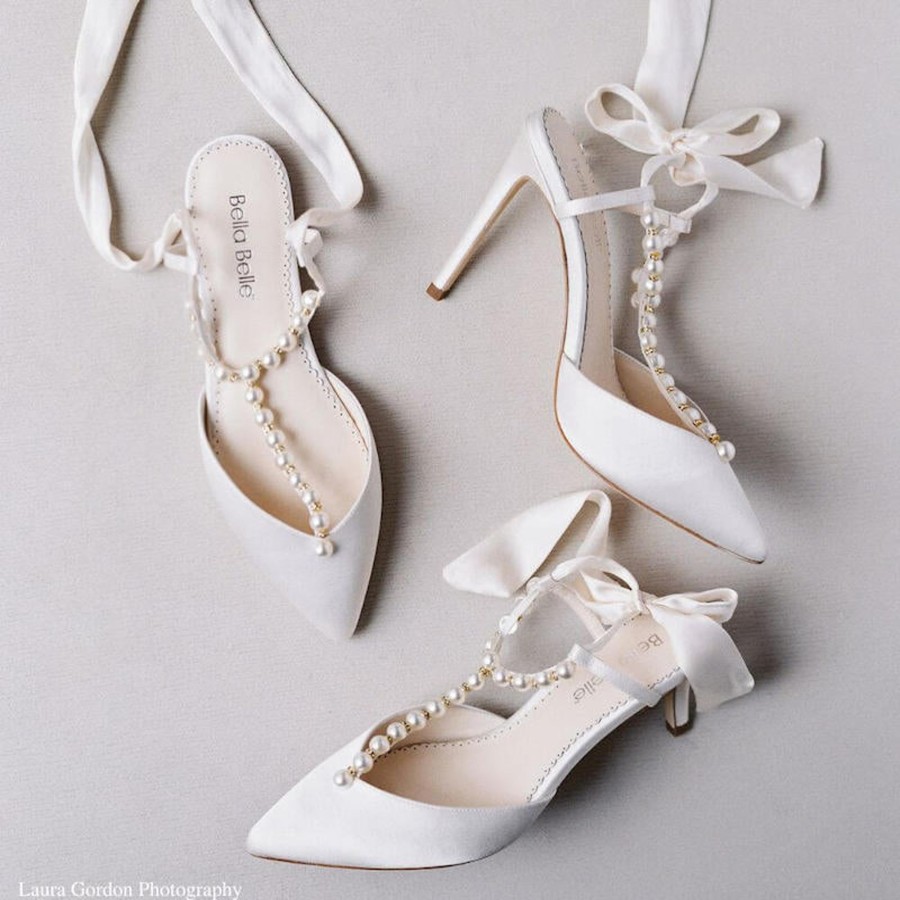 Bridal Bella Belle Shoes | Pearl T-Strap Heels With Ankle Wrap Bow Ivory