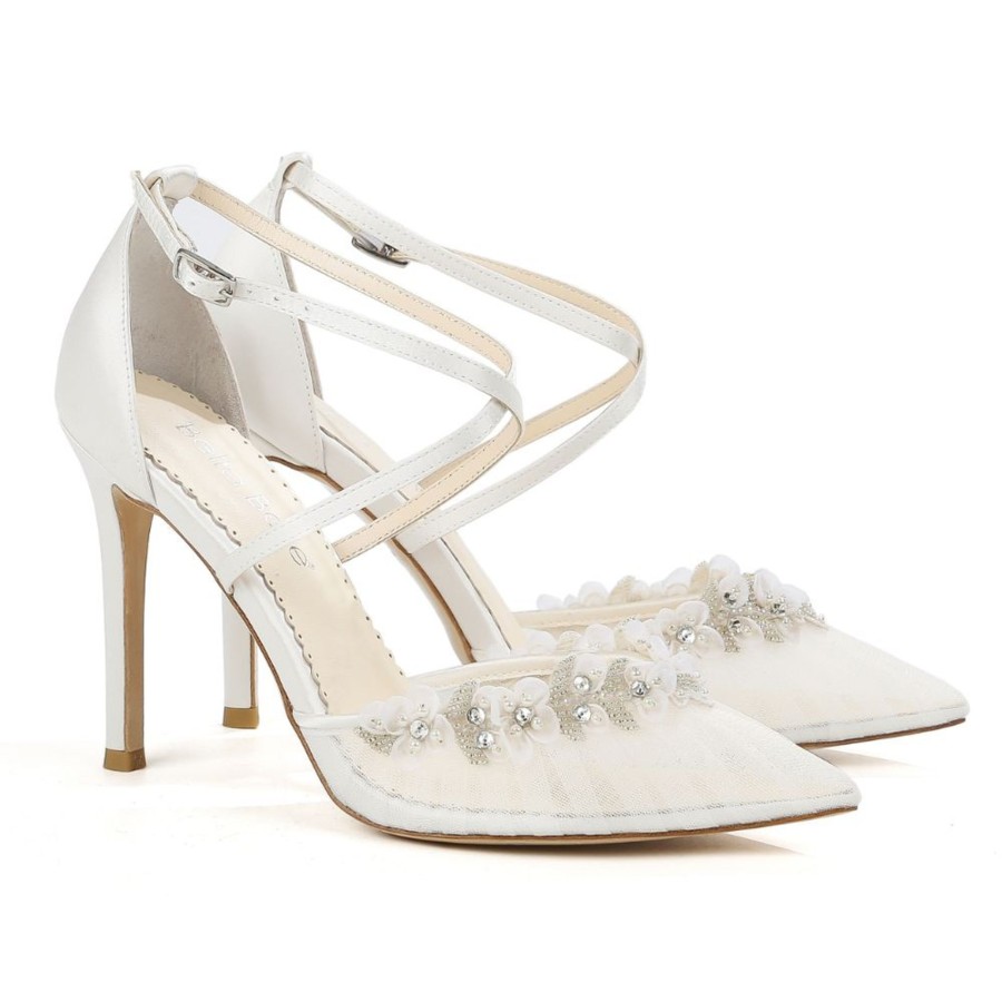 Bridal Bella Belle Shoes | Pleated Tulle Crisscross Strap Heels With Crystals And Beads Floral Trim Ivory