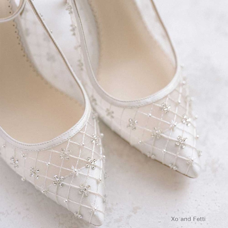 Bridal Bella Belle Shoes | Ankle Strap Argyle Patterned Wedding Shoes With Crystals And Pearls Ivory