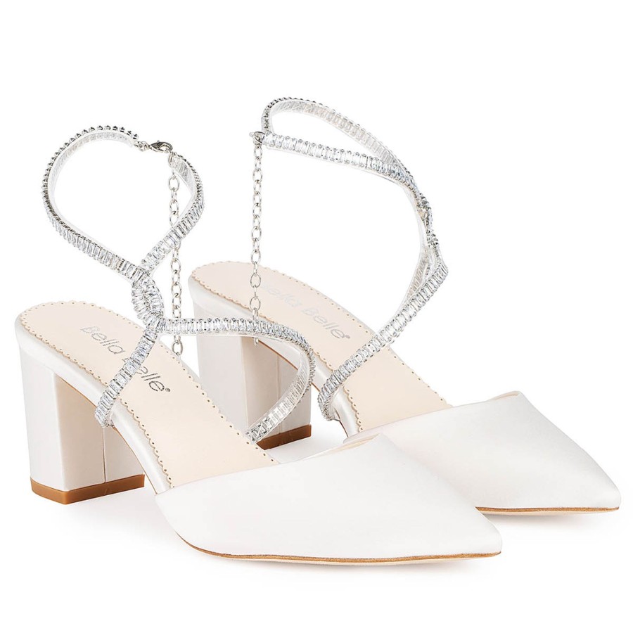 Bridal Bella Belle Shoes | Kitten Block Shoe Crystal Ankle Strap Heels Ivory