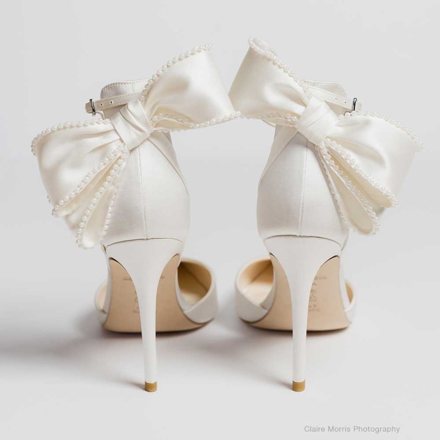 Bridal Bella Belle Shoes | Ankle Strap Pearl Bow Heels Ivory