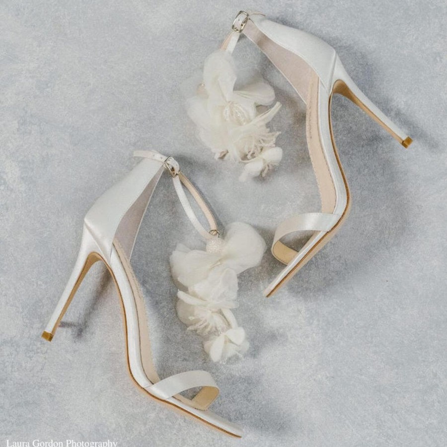 Bridal Bella Belle Shoes | Chiffon Flower Drape Ankle Strap Open Toe Bridal Heels Ivory