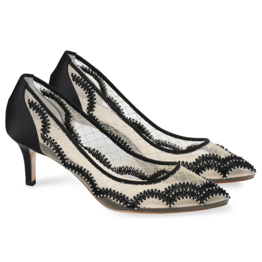 Non-Bridal Bella Belle Shoes | Mesh Kitten Heels Embroidered With Arches And Pearls Black