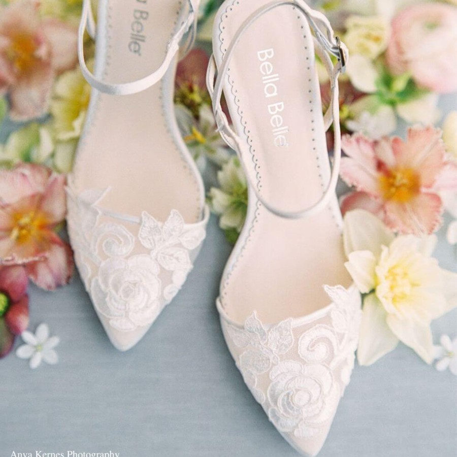 Bridal Bella Belle Shoes | Lace Slingback Flower Applique Heels Ivory